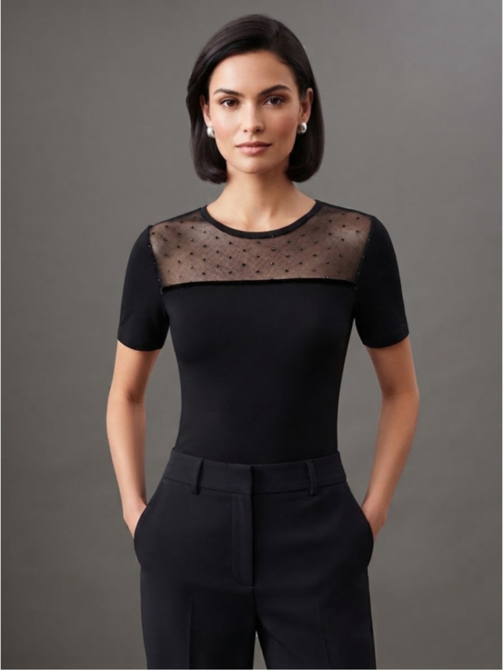 Women's St. John Couture Black Short Sleeve Mesh Detail Tee Size M